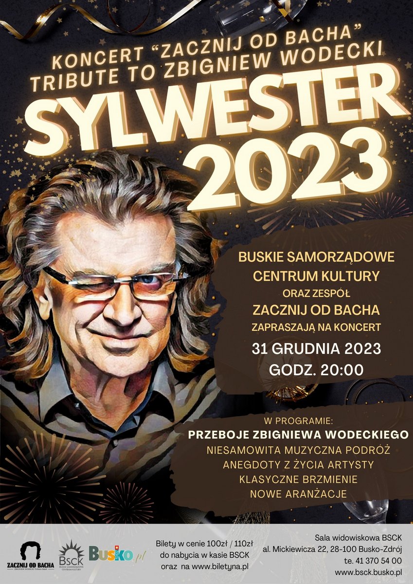 grafika promująca koncert sylwestrowy, twarz Zbigniewa Wodeckiego