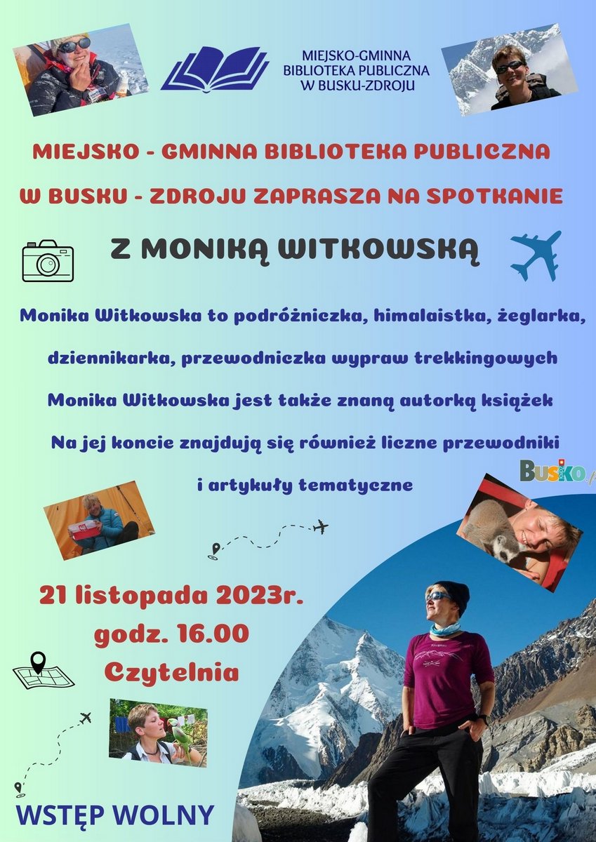 plakat promujący spotkanie autorskie, fotografie autorki książek, logotypy, niebieskie tło
