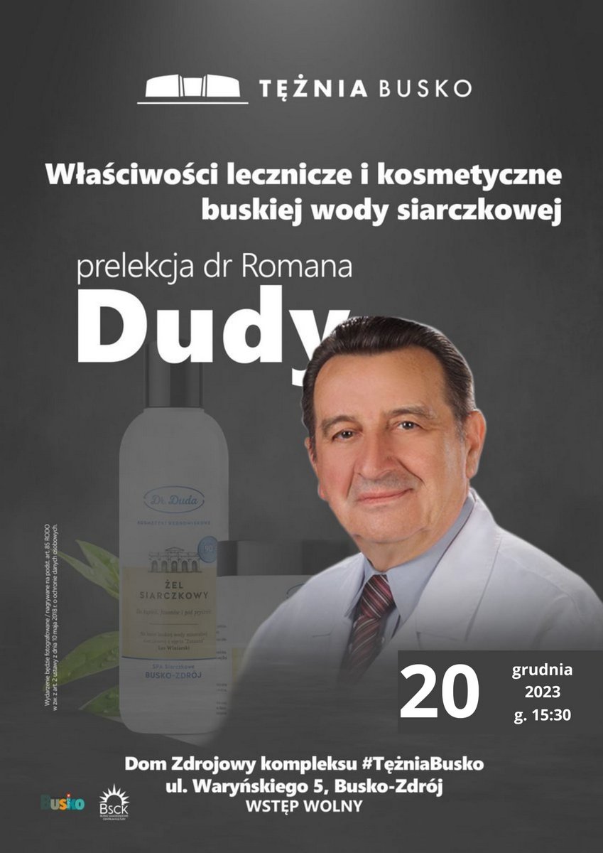 plakat promujący spotkanie z dr. Dudą, zdjęcie gościa, w tle widoczne produkty kosmetyczne
