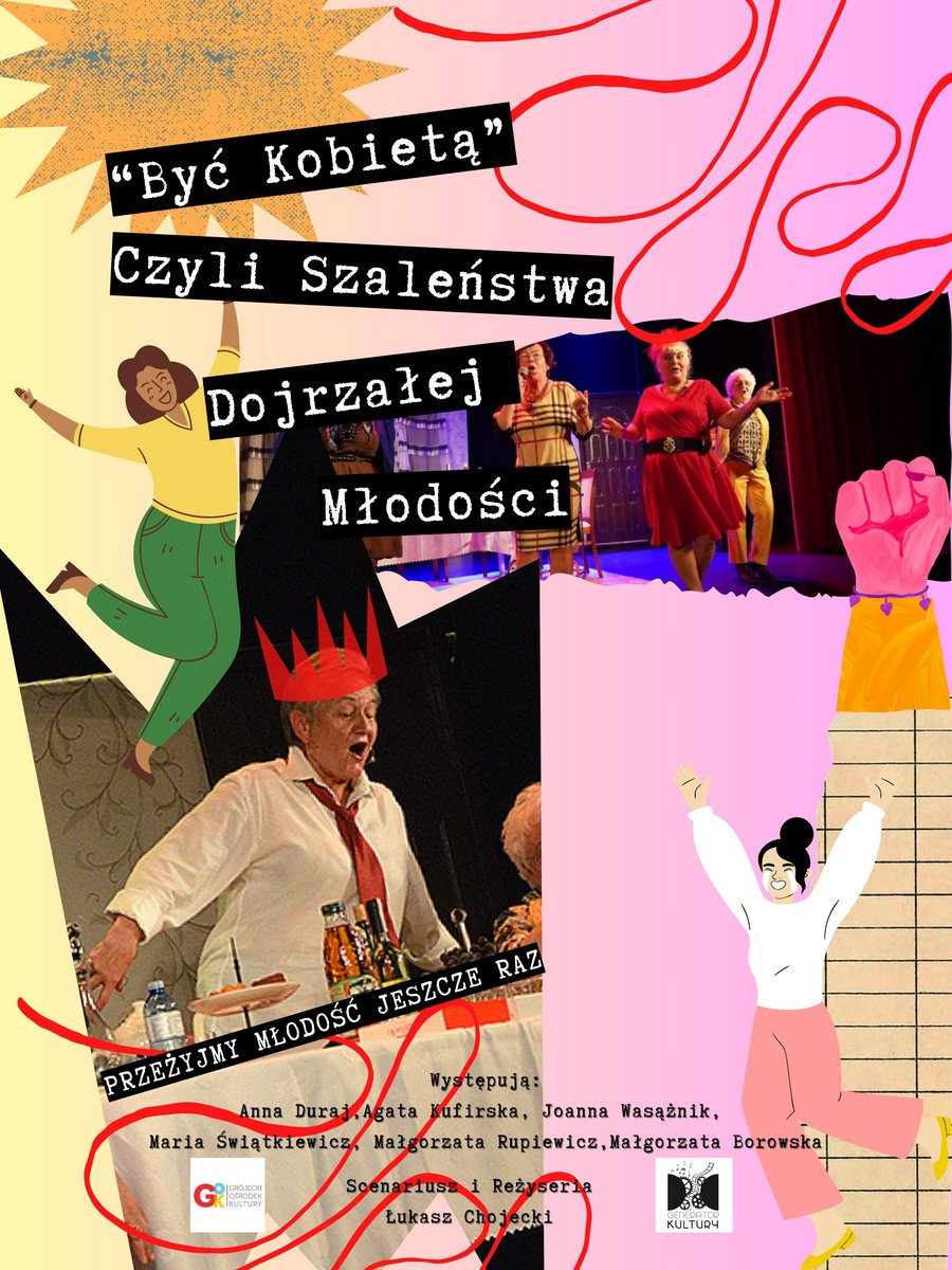 plakat promujący spektakl Być kobietą, fotografie i grafiki kobiet w barwnych strojach