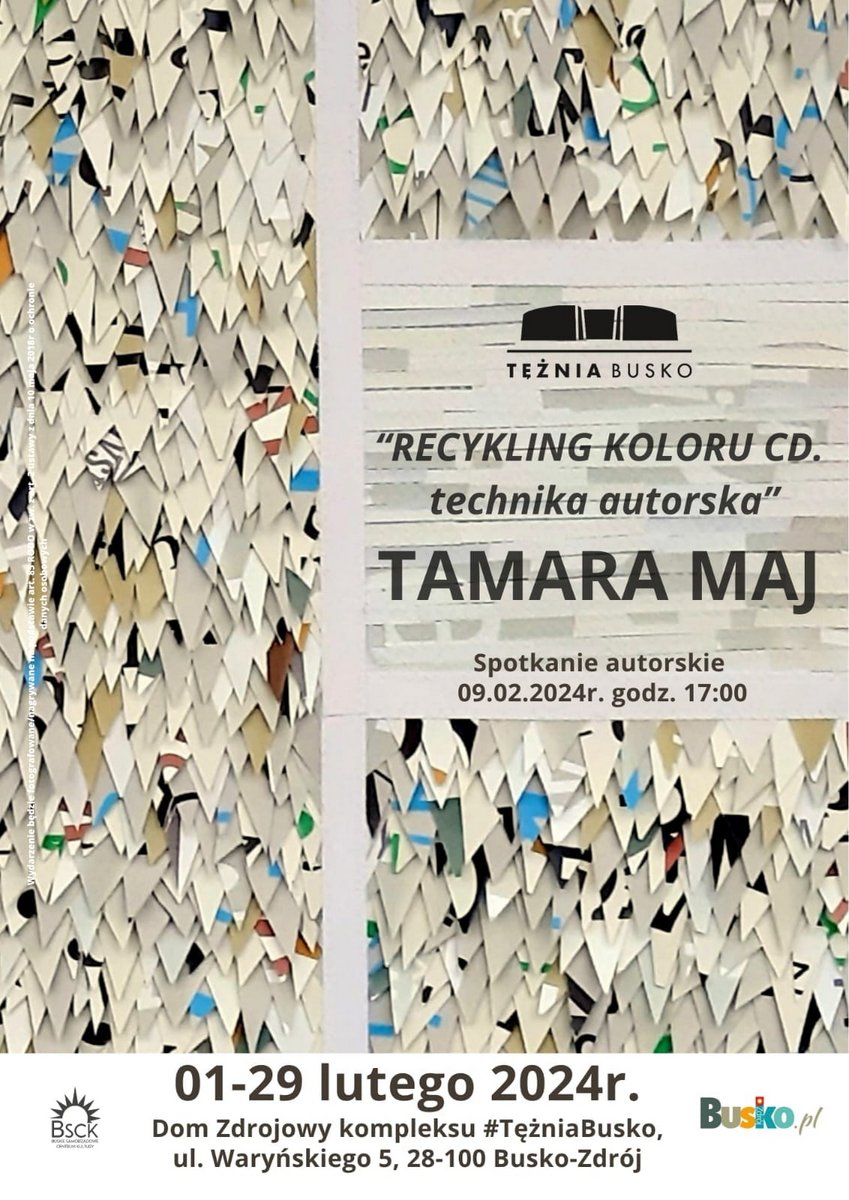 grafika promująca wystawę prac Tamary Maj, w tle zdjęcie jednej z prac