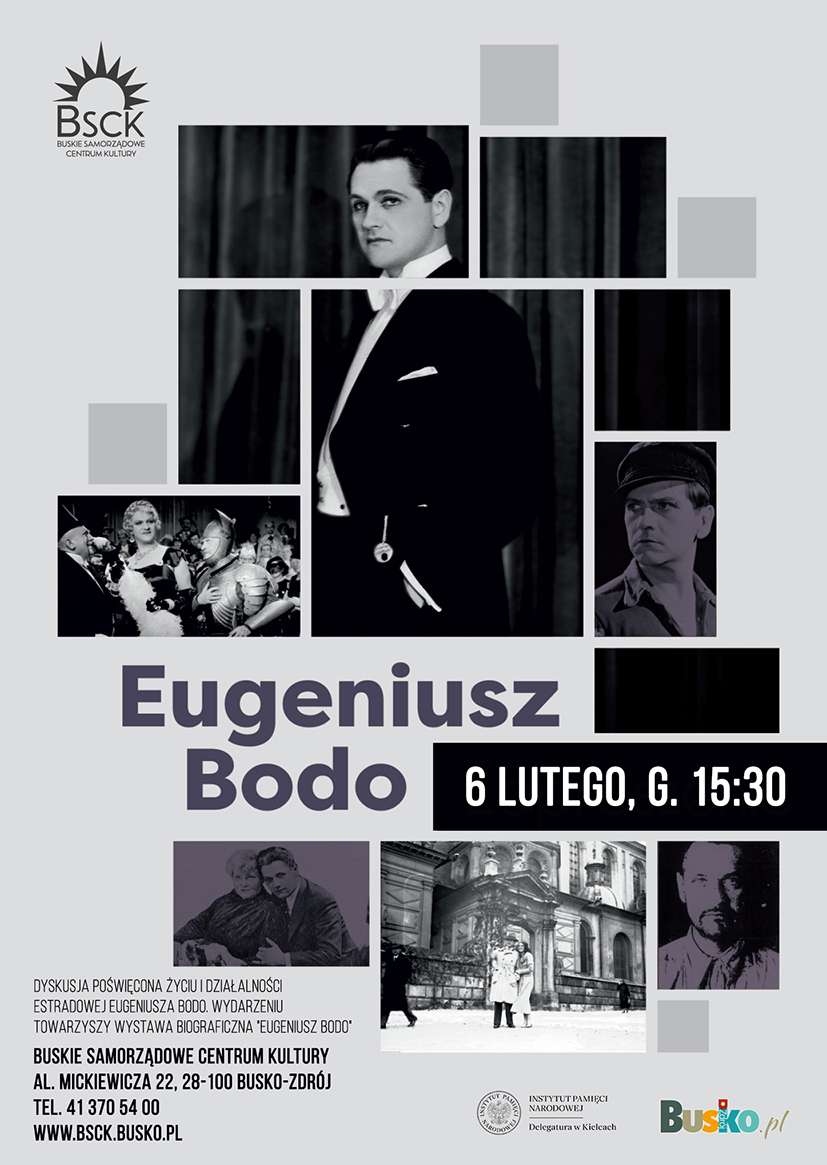 grafika promująca prelekcję nt. Eugeniusza Bodo, czarno-białe zdjęcia artysty