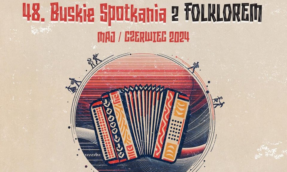 grafika promująca Buskie Spotkania z Folklorem, stylizowany akordeon