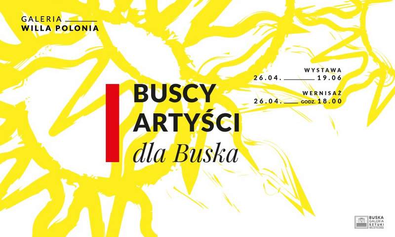 grafika promująca wystawę w Buskiej Galerii Sztuki, stylizowane żółte słońca, białe tło