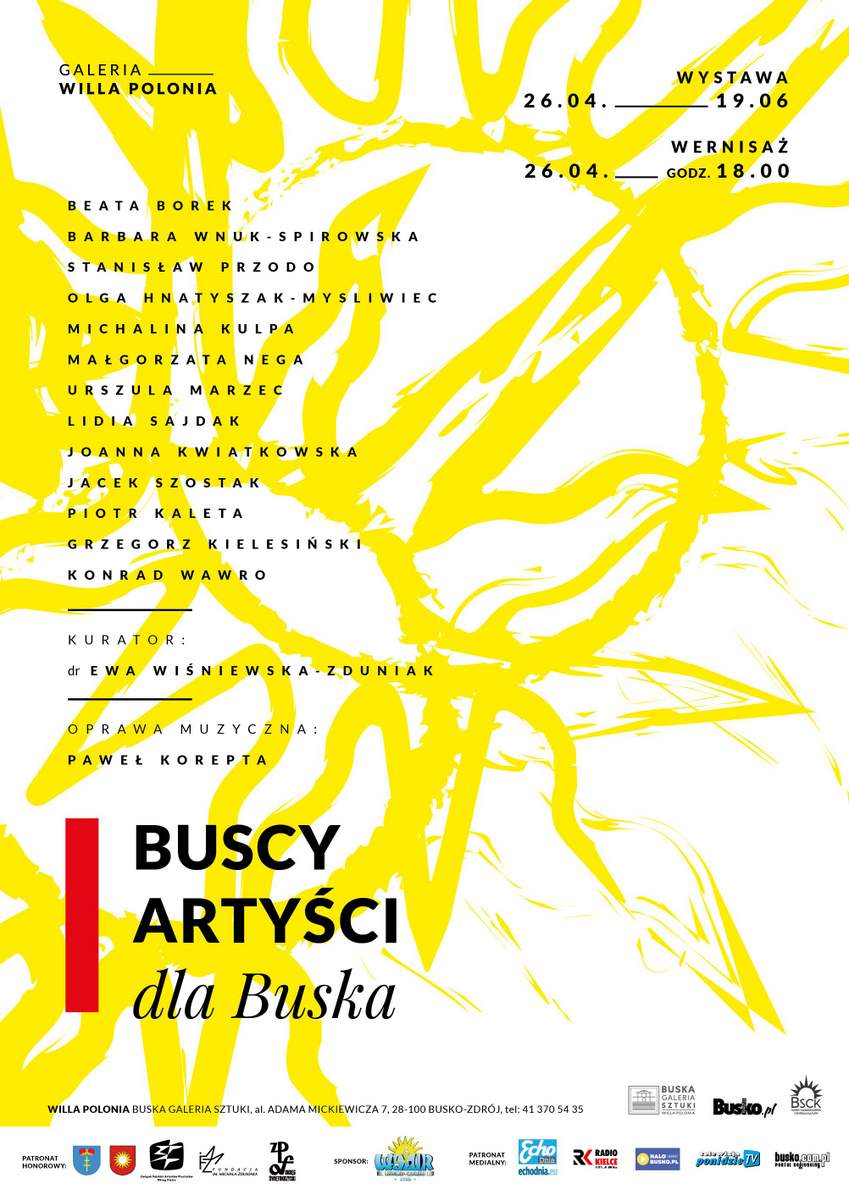 grafika promująca wystawę w Buskiej Galerii Sztuki, stylizowane żółte słońca, białe tło