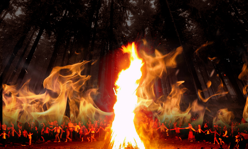 grafika promująca widowisko Noc Kupały, ogień, tańczące osoby