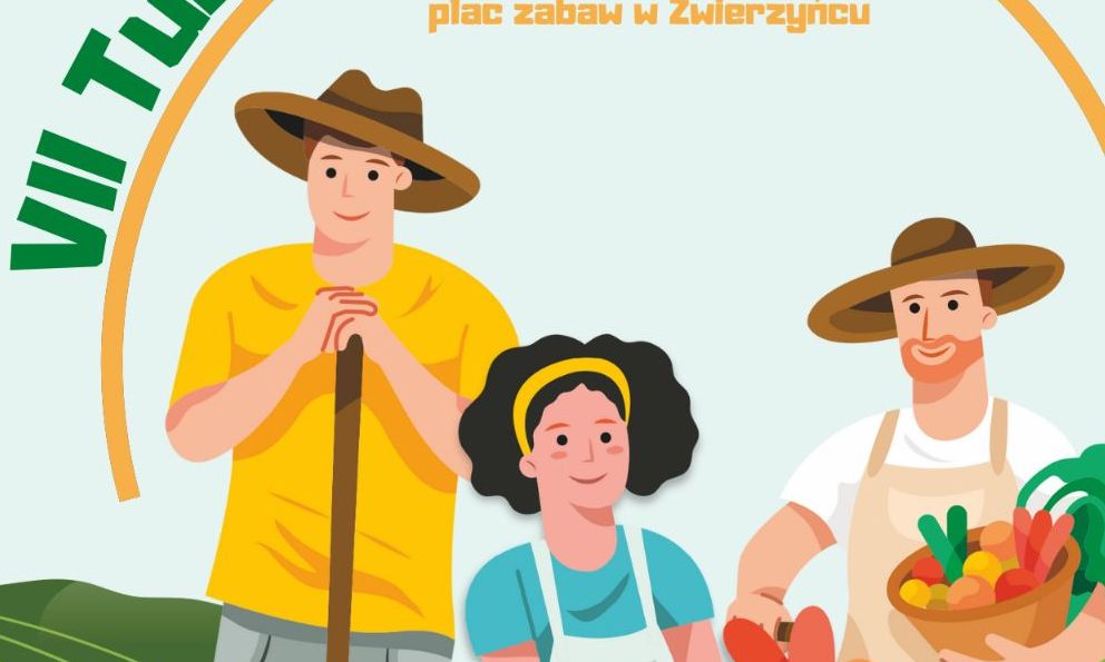 grafika promująca turniej sołtysów, trzy postacie rolników
