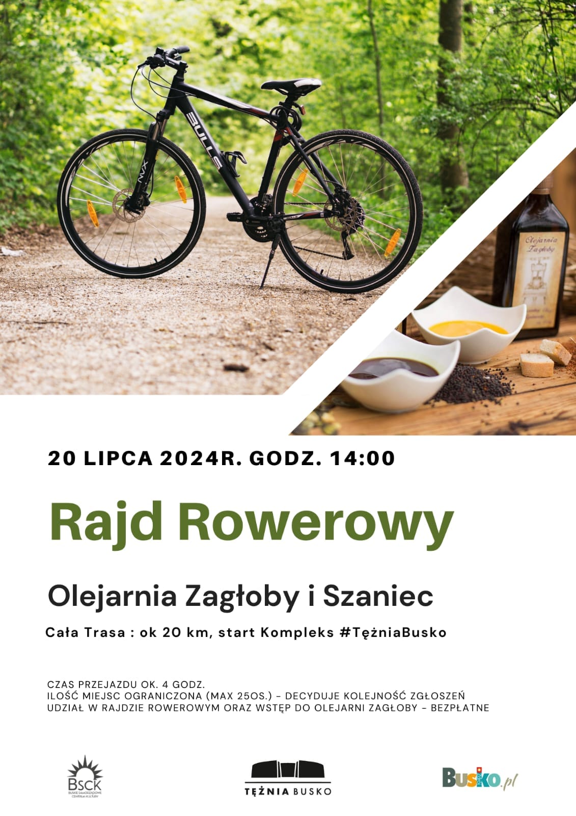 plakat promujący rajd rowerowy, zdjęcie roweru w lesie