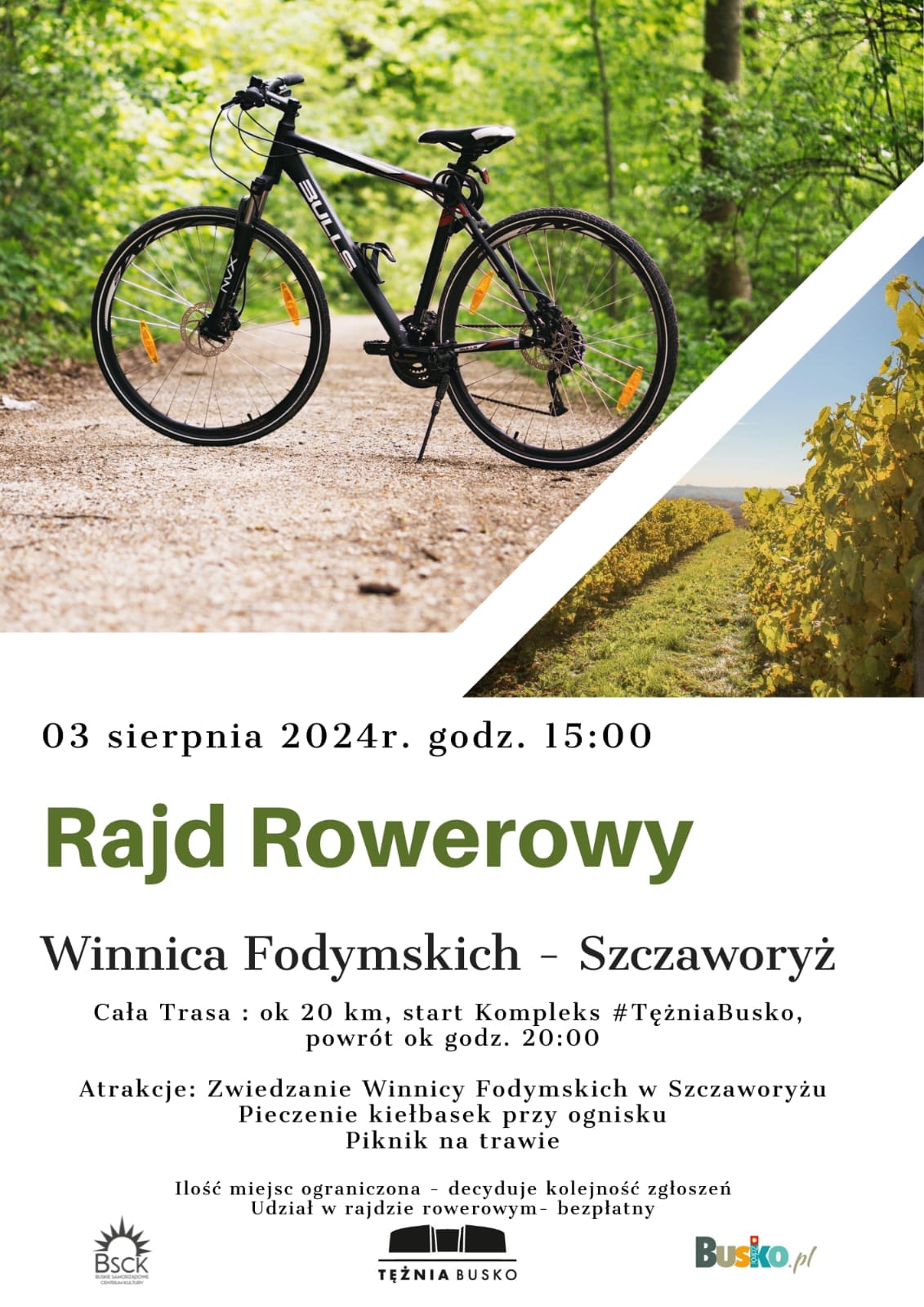 plakat promujący rajd rowerowy, na zdjęciu rower na leśnej ścieżce