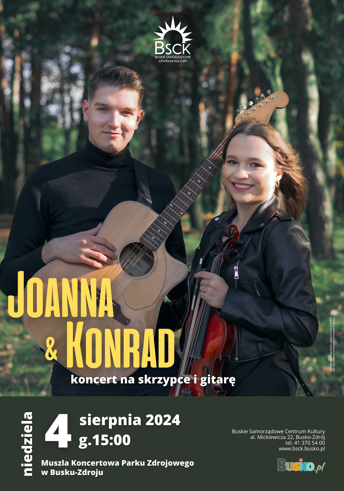 grafika promująca koncert, dwoje artystów z instrumentami