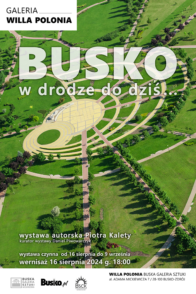 grafika promująca wystawę fotograficzną, widok na nowy park zdrojowy w Busku-Zdroju z lotu ptaka