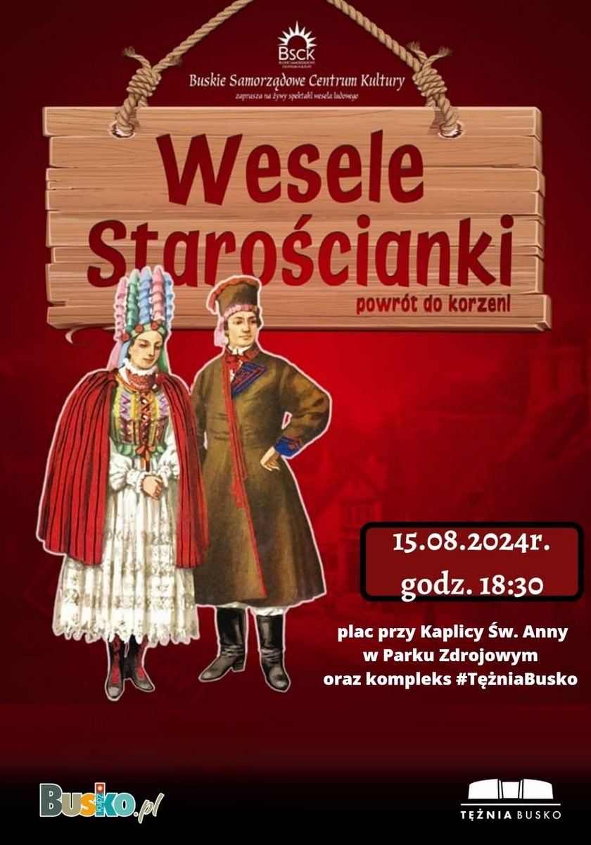 plakat promujący spektakl teatralny, dwie postacie w strojach ludowych