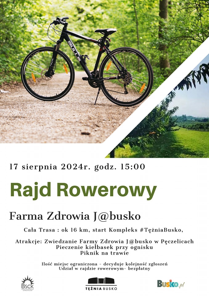 grafika promująca rajd rowerowy, zdjęcie roweru na ścieżce leśnej 