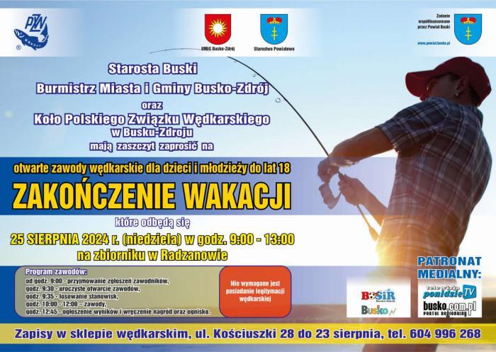 plakat promujący zawody wędkarskie, zdjęcie wędkarza 