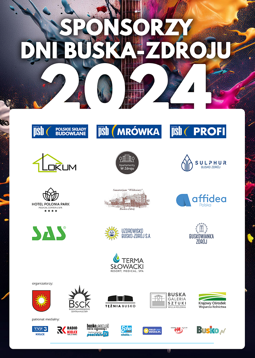 plakat promujący sponsorów Dni Buska, logotypy sponsorów, barwne tło z gitarą elektryczną