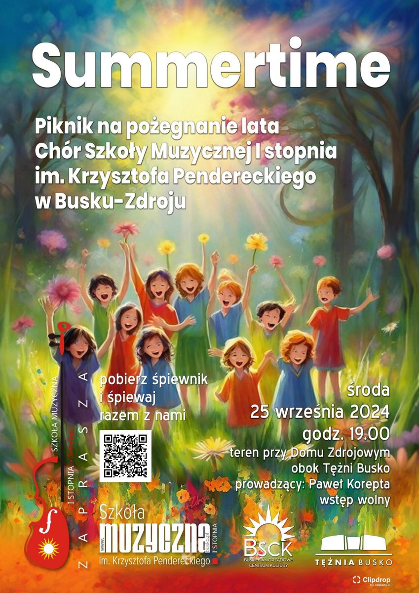 plakat promujący Piknik na pożegnanie lata, roześmiane dzieci pośród kwiatów