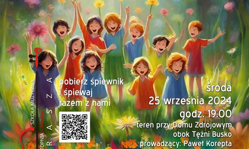 plakat promujący Piknik na pożegnanie lata, roześmiane dzieci pośród kwiatów