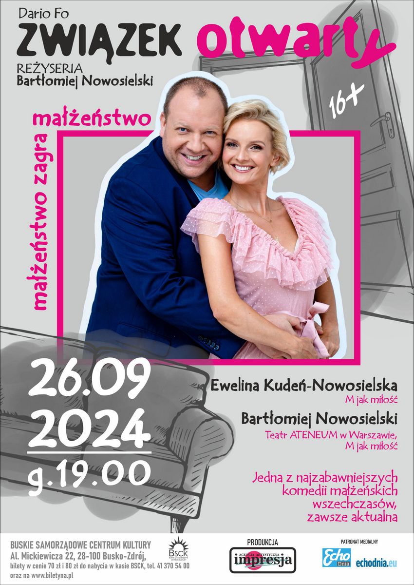 plakat promujący spektakl teatralny, para przytulonych aktorów 