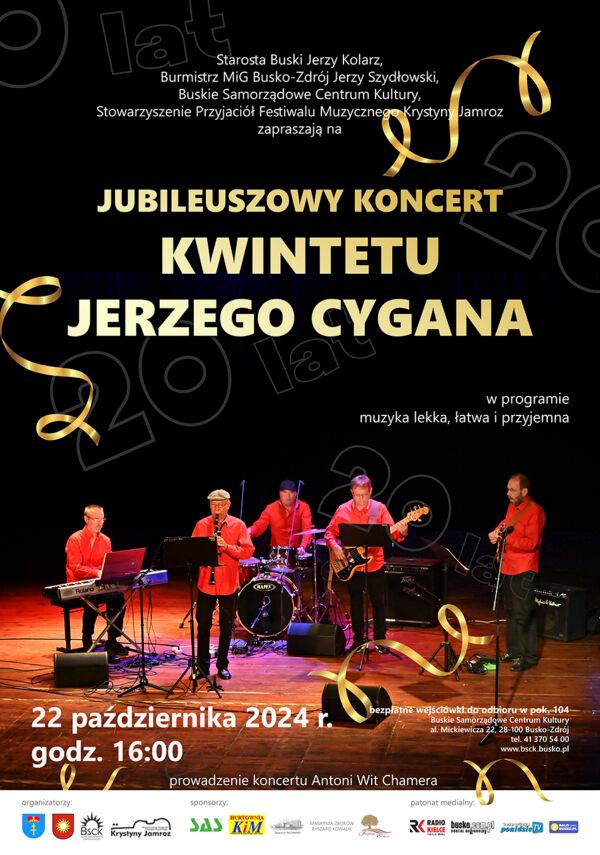 plakat promuj ący koncert Kwintetu Jerzego Cygana, na zdjęciu artyści w czerwonych koszulach