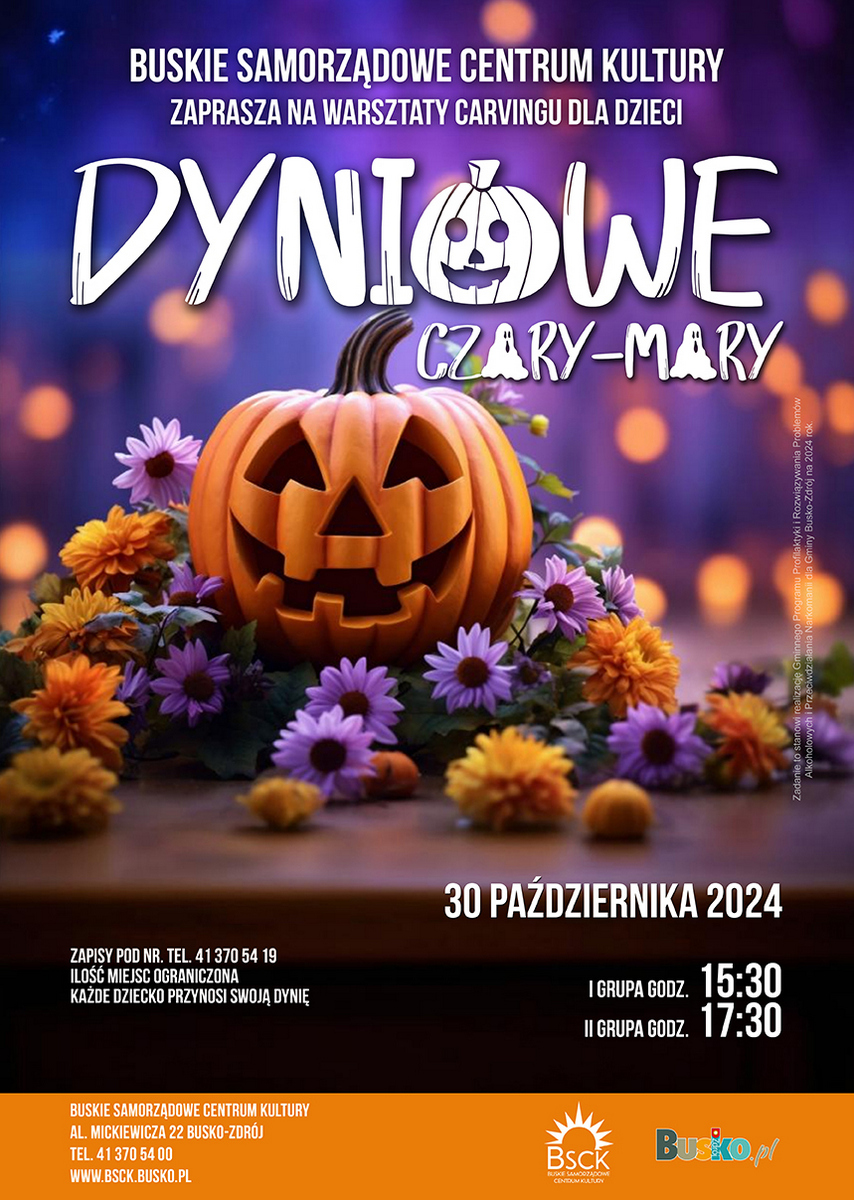 grafika promująca warsztaty halloweenowe, dynia wcięta dekoracyjnie 