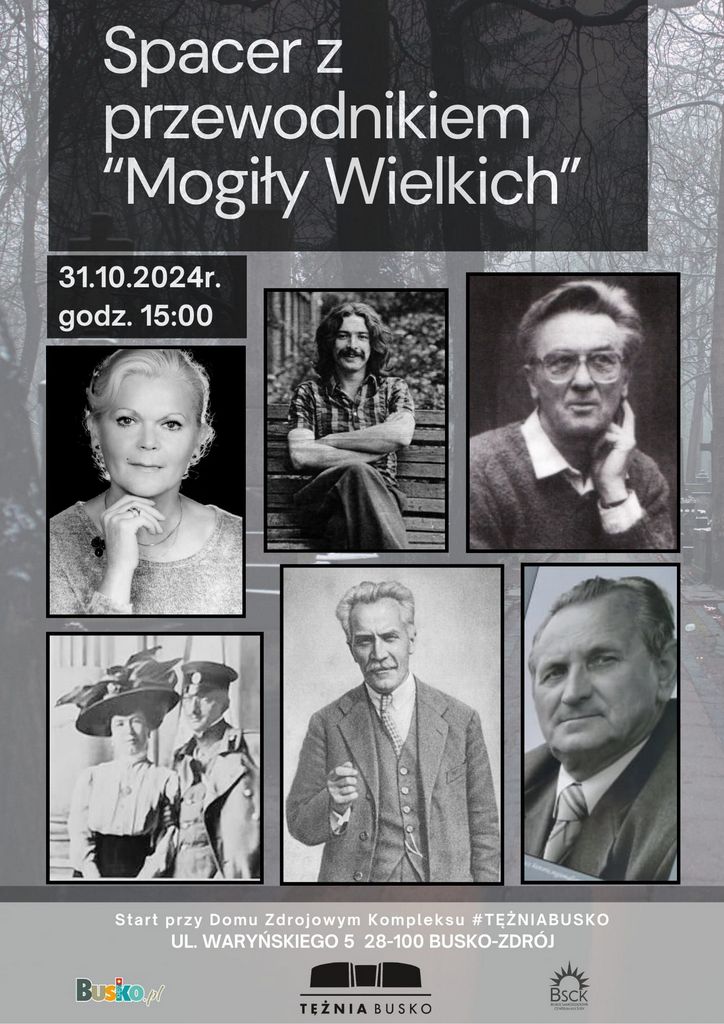 grafika promująca spacer tematyczny na cmentarz, czarno białe zdjęcia osób związanych z miastem