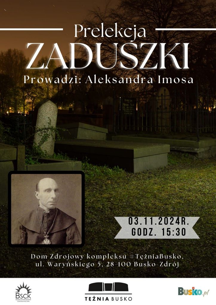 grafika promująca prelekcję nt. zaduszek, w tle fotografia cmentarza