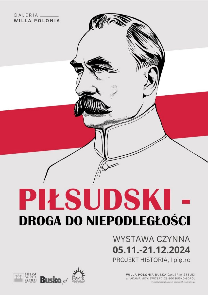 grafika przedstawia Józefa Piłsudskiego na tle polskiej flagi