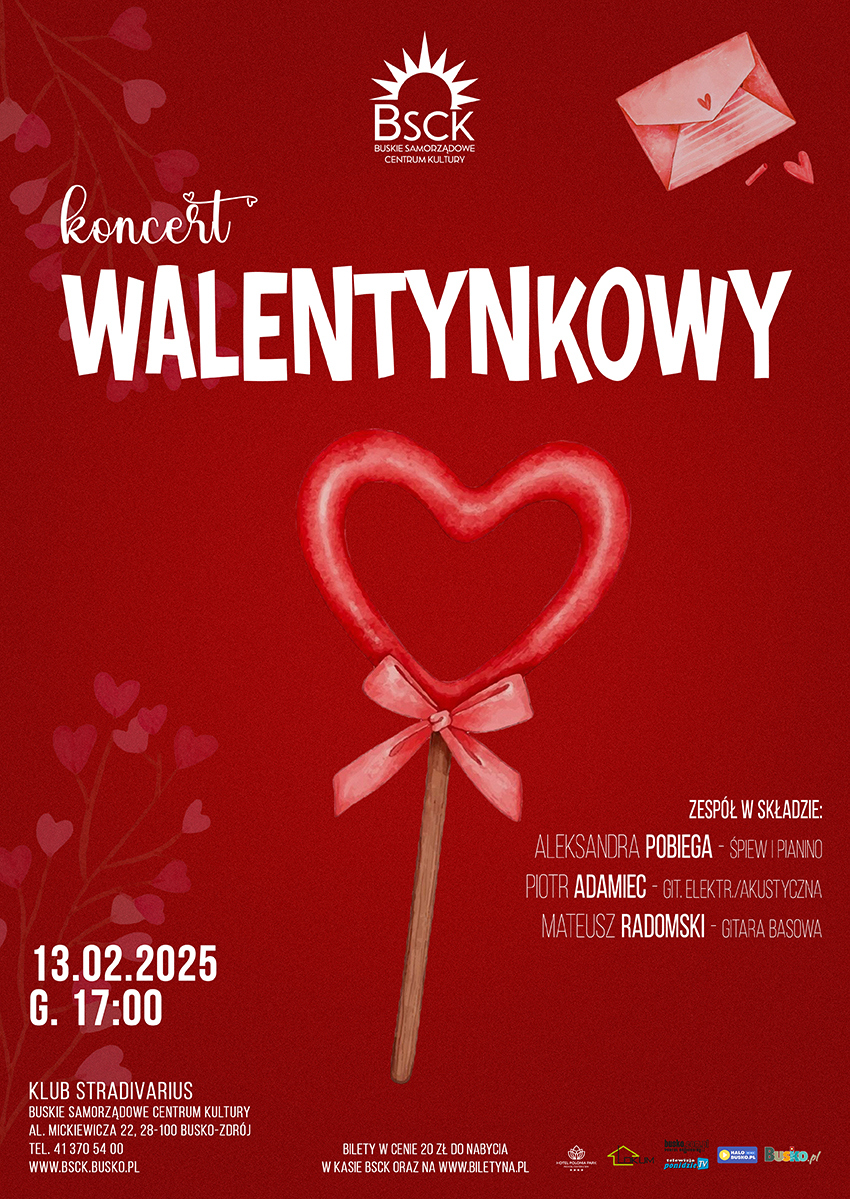 grafika promująca koncert walentynkowy, cerce na czerwonym tle