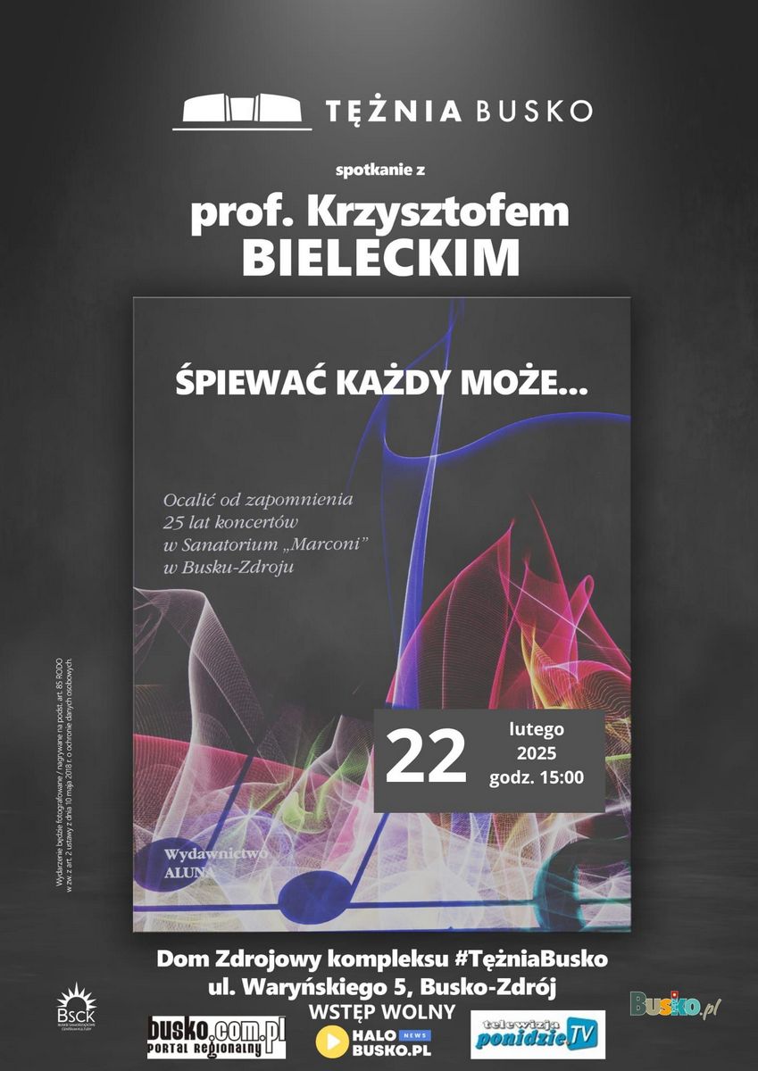 plakat promujący spotkanie, z prof. Bieleckim, barwna grafika z nutami, czarne tło 