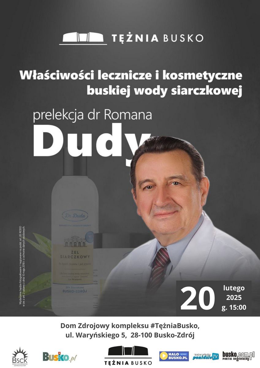 plakat promujący spotkanie, zdjęcie mężczyzny w białym fartuchu, w tle kosmetyki