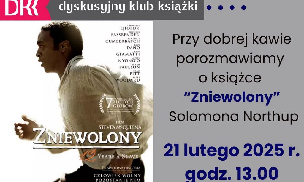 grafika promująca spotkanie klubu książki, okładka książki, biegnący mężczyzna