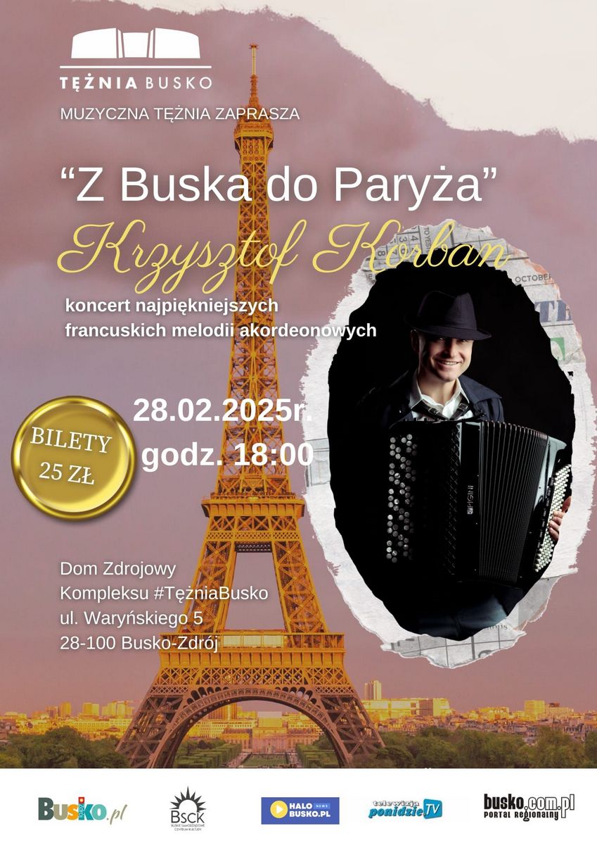 grafika promująca koncert, artysta z akordeonem, w tle wieża Eiffla