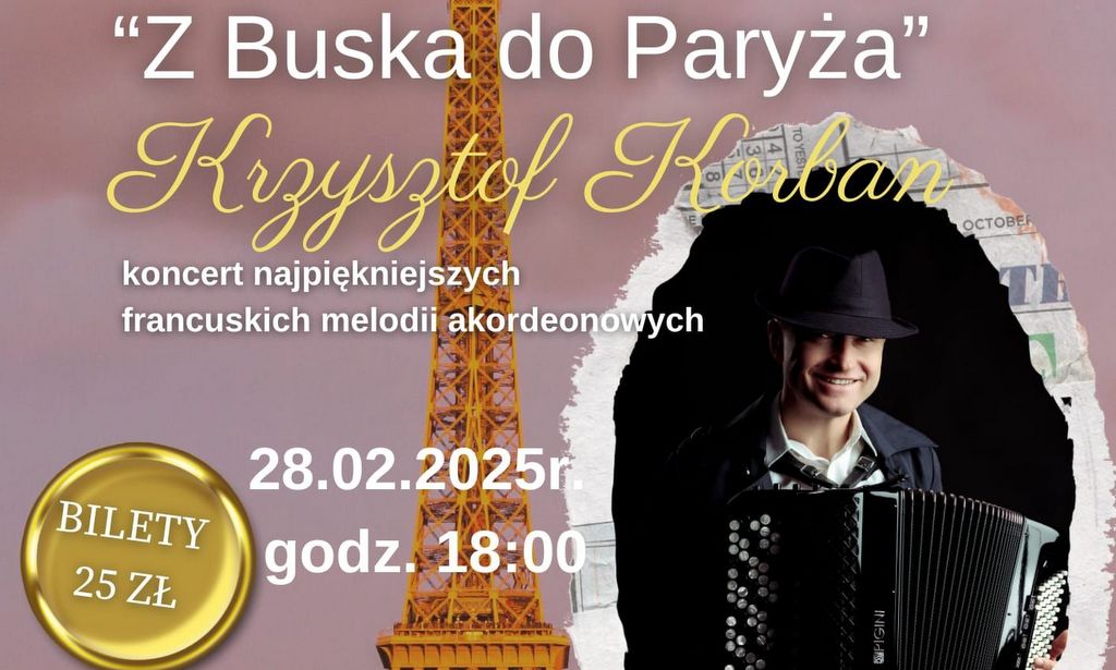 grafika promująca koncert, artysta z akordeonem, w tle wieża Eiffla