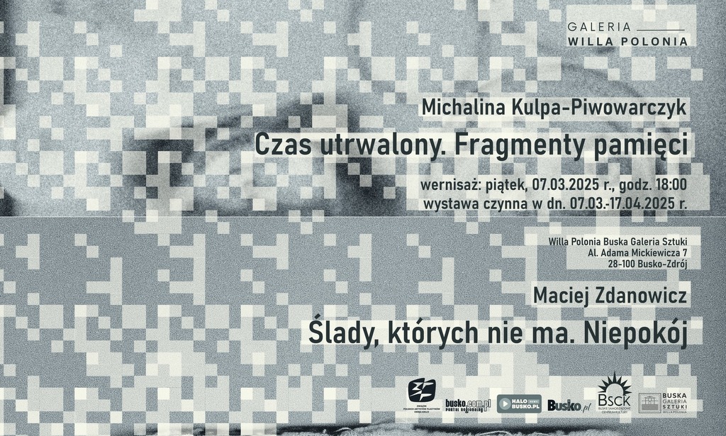 grafika promująca wystawy w Buskiej Galerii Sztuki, w tle mozaika z szaro-czarnych kwadratów 