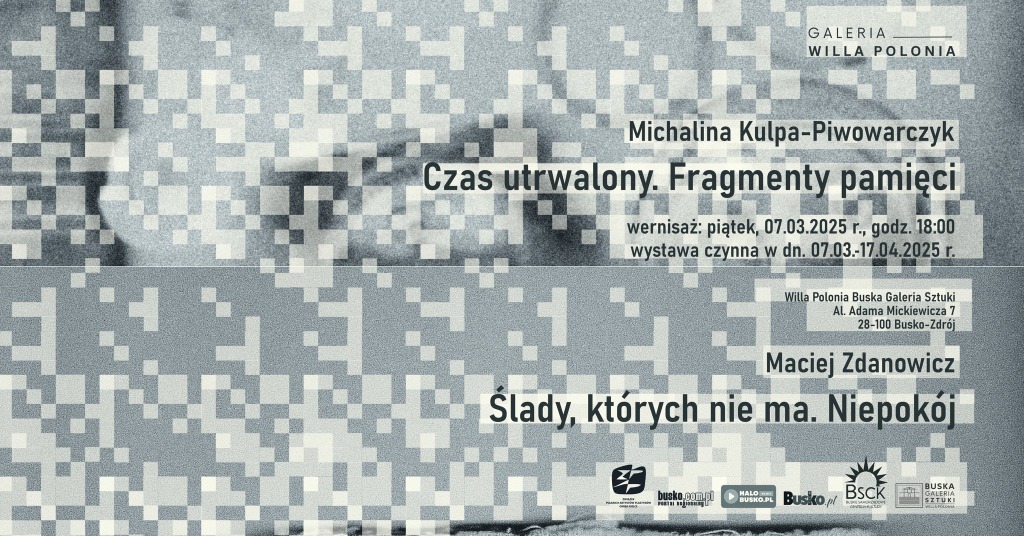 grafika promująca wystawy w Buskiej Galerii Sztuki, w tle mozaika z szaro-czarnych kwadratów 