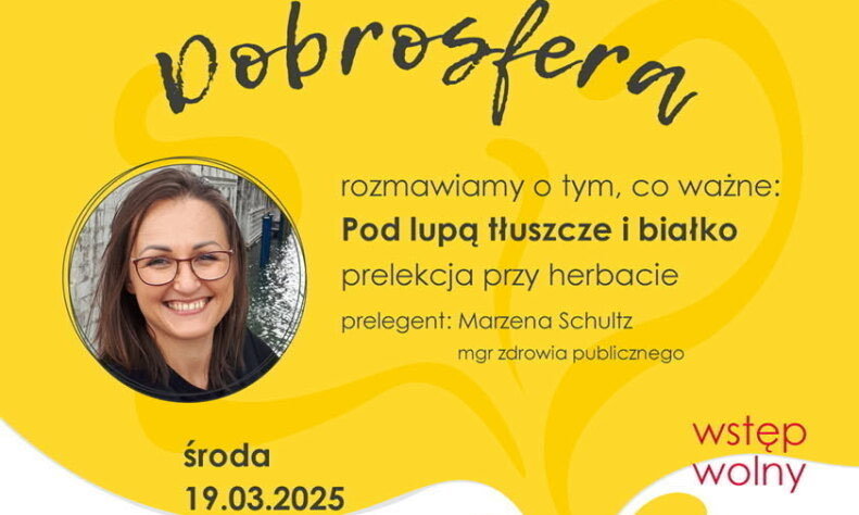 grafika promująca spotkanie ze specjalistką, zdjęcie kobiety, żółte tło