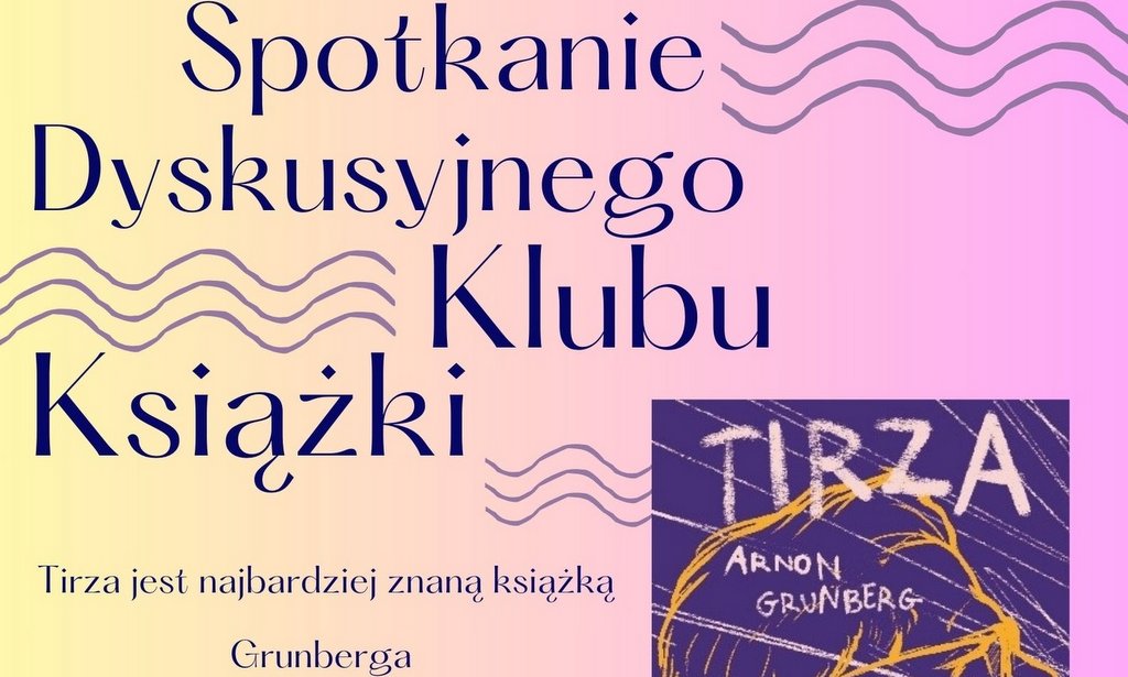 grafika promująca spotkanie dyskusyjnego klubu książki, fragment okładki, różowe tło