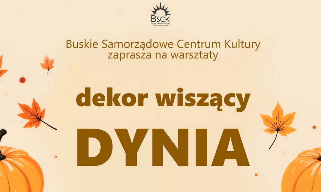grafika promująca warsztaty plastyczne, w tle dynie, liście