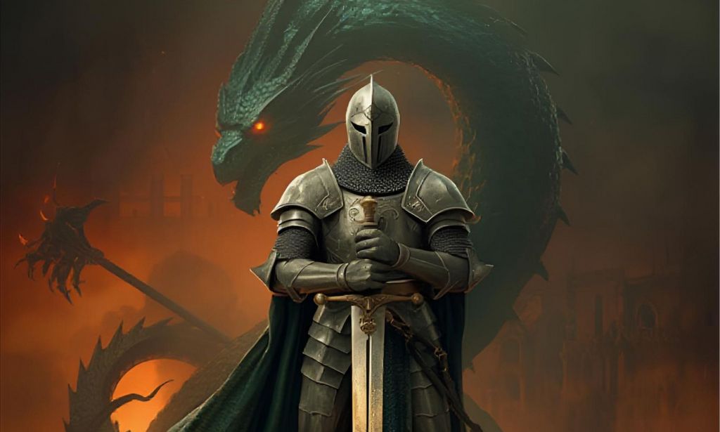 grafika fantasy, rycerz, smok