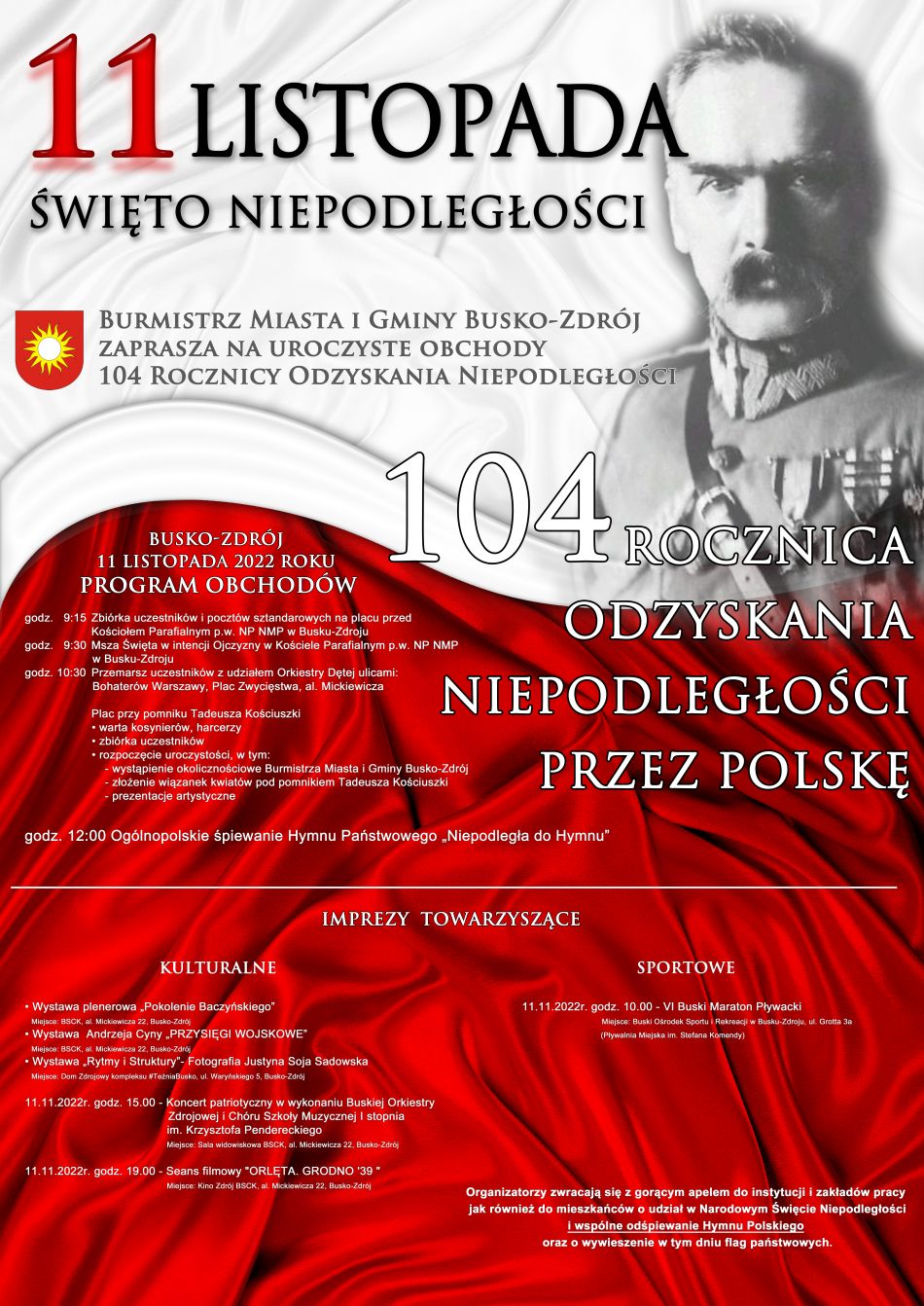 plakat promujący obchody Święta Niepodległości 11 listopada w Busku-Zdroju