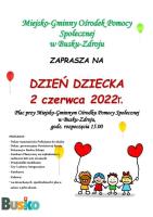 Plakat promujący dzień dziecka w MOPS - kolorowa grafika z dziećmi  i balonami 