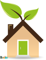 Zdjęcie przedstawia grafikę domu z zielonym listkiem na dachu