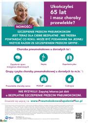 Zdjęcie przedstawia plakat informacyjny dotyczący szczepień przeciw pneumokokom dla osób powyżej 65 r.ż.