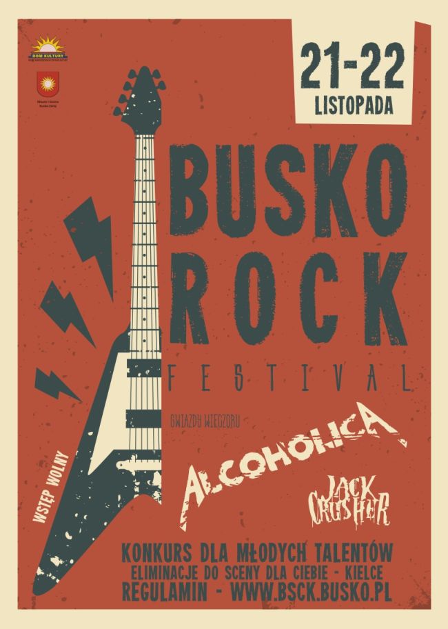 Na plakacie znajdują się informacje o zaproszeniu na młodzieżowe zespoły wokalno-instrumentalne do udziału w Busko Rock Festival i eliminacjach do XXIII Festiwalu Scena dla Ciebie Kielce 2021.