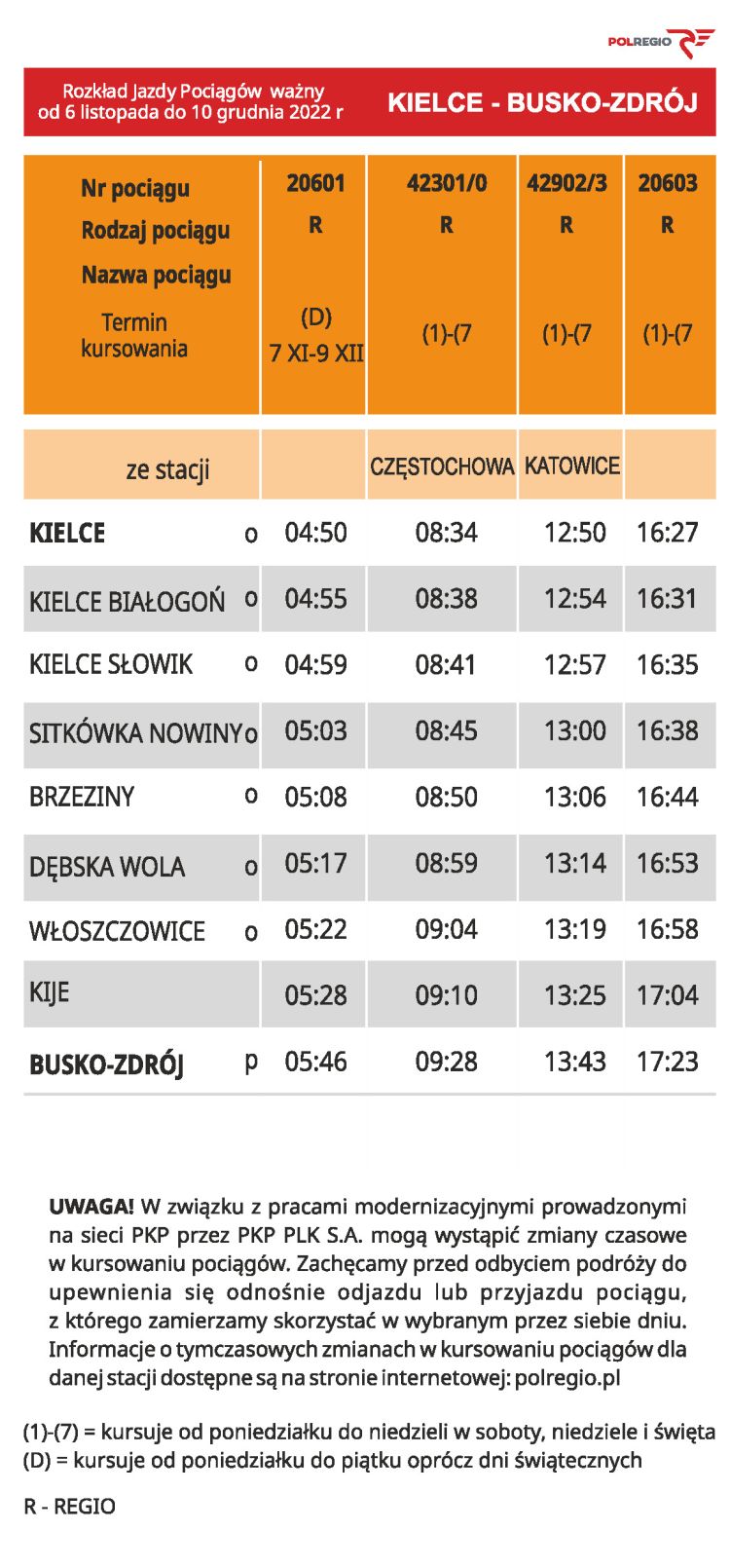 rozklad jazdy Kielce Busko od 06 11 do 10 12 2022