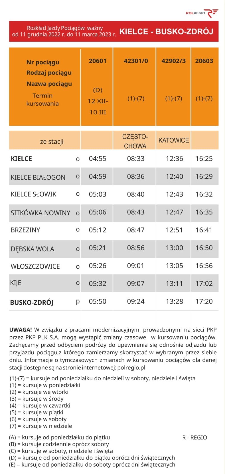 rozklad jazdy Kielce Busko od 11 12 22 do 11 03 23