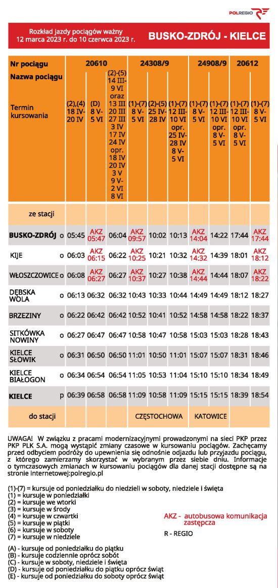 Rozkład jazdy Busko Kielce od 12 03 do 10 06 2023