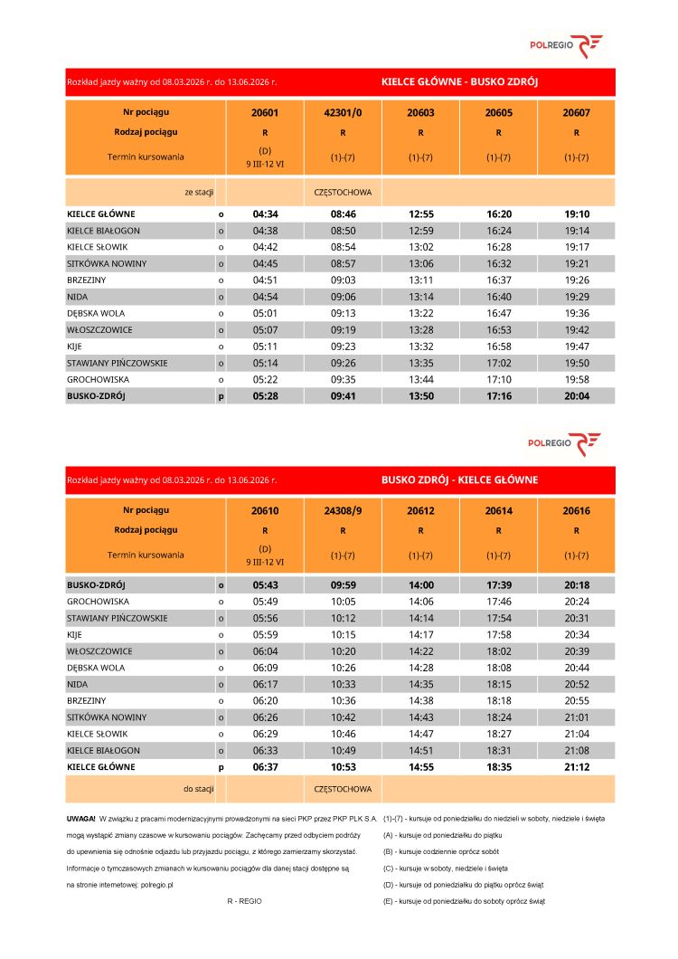 Rozkład jazdy na linii komunikacyjnej Busko-Zdrój-Kielce od 14 czerwca do 29 sierpnia 2026 r.